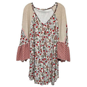 Hummingbird Women's Cotton Floral Butterfly Sleeves V Neck Dress Sz M Multicolor